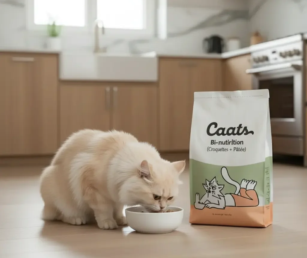 un chat qui se nourrit avec une alimentation bi nutrition croquette + pâtée de la marque Caats