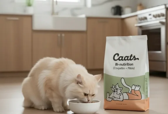 un chat qui se nourrit avec une alimentation bi nutrition croquette + pâtée de la marque Caats