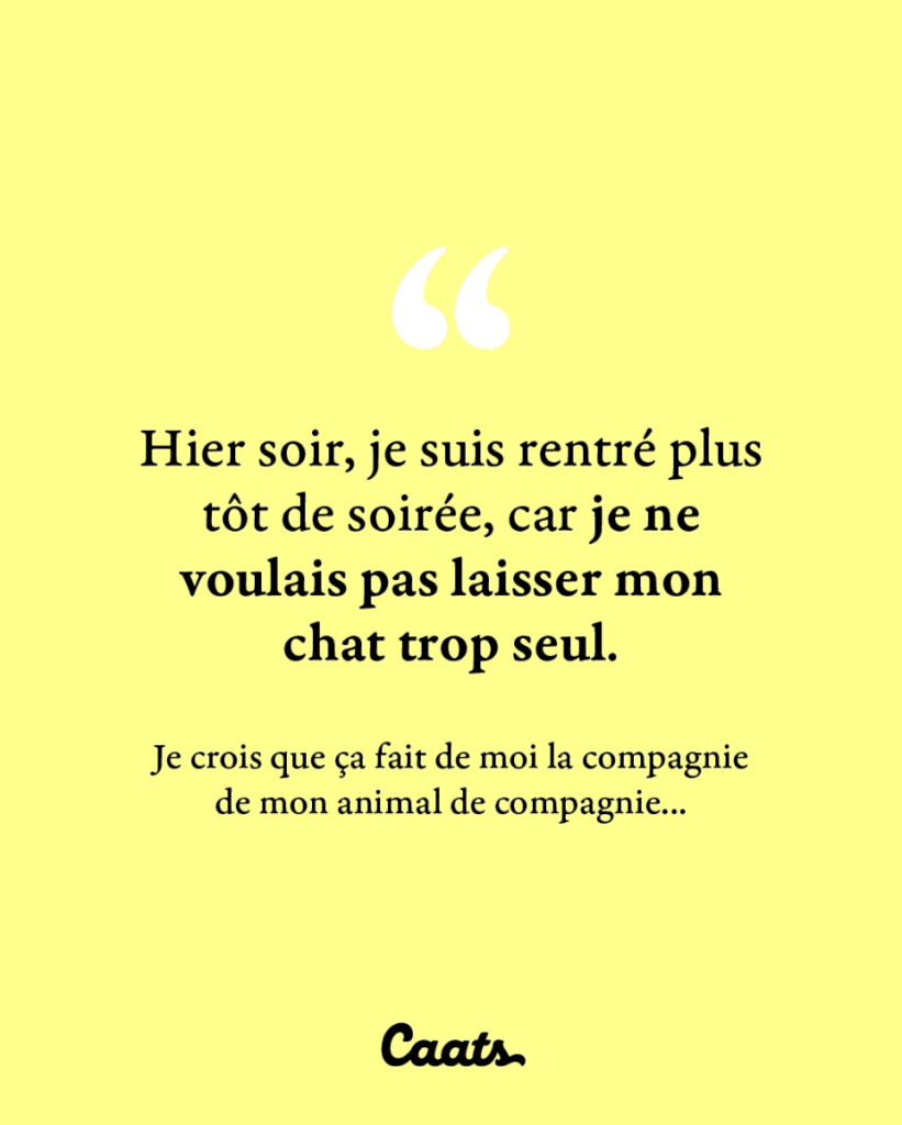 Hier soir, je suis rentré plus tôt de soirée, car je ne voulais pas laisser mon chat trop seul. Je crois que ça fait de moi la compagnie de mon animal de compagnie...