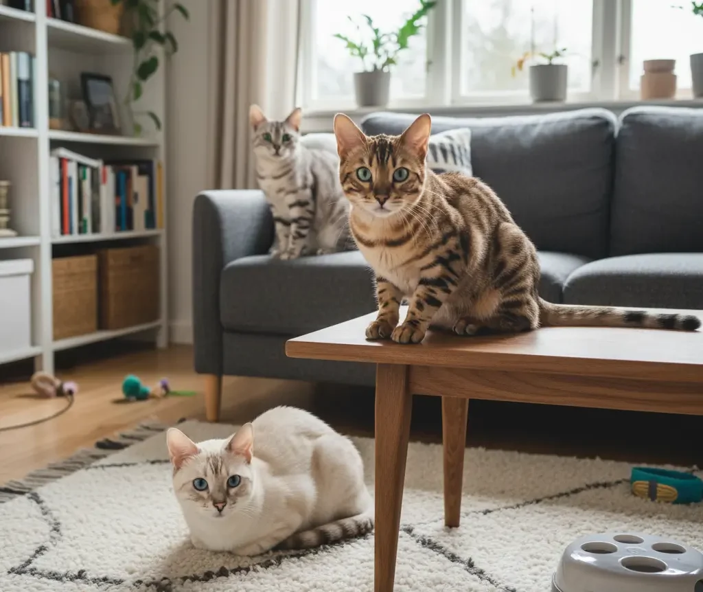 3 chats bengal de couleurs différentes : brown, snow et silver