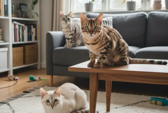 3 chats bengal de couleurs différentes : brown, snow et silver