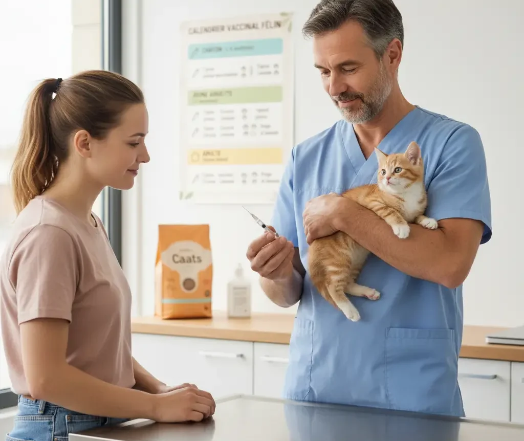 Un vétérinaire bienveillant tient un petit chaton tigré dans ses bras sur une table d’examen, prêt à lui faire un vaccin avec une seringue. Le chaton semble calme et en confiance, pendant qu’une jeune femme (sa gardienne) le regarde avec douceur. En arrière-plan, on aperçoit une affiche colorée du calendrier de vaccination des chats et une boîte de croquettes Caats posée sur le comptoir.
