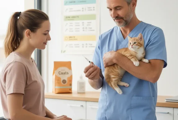 Un vétérinaire bienveillant tient un petit chaton tigré dans ses bras sur une table d’examen, prêt à lui faire un vaccin avec une seringue. Le chaton semble calme et en confiance, pendant qu’une jeune femme (sa gardienne) le regarde avec douceur. En arrière-plan, on aperçoit une affiche colorée du calendrier de vaccination des chats et une boîte de croquettes Caats posée sur le comptoir.