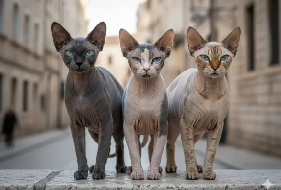 3 chats sphynx avec une couleur de robe différente