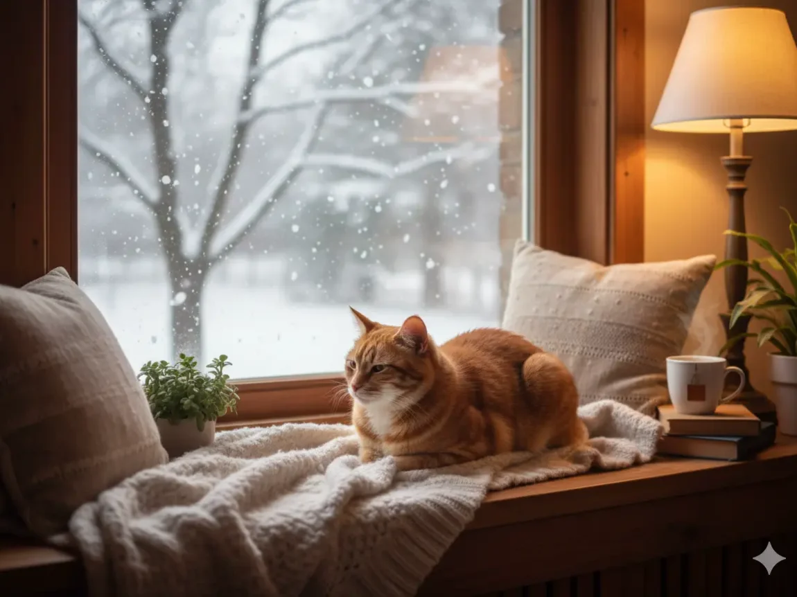 Chat observant la neige depuis un intérieur chaud pour illustrer sa protection contre le froid.
