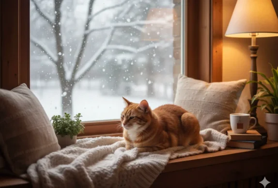 Chat observant la neige depuis un intérieur chaud pour illustrer sa protection contre le froid.