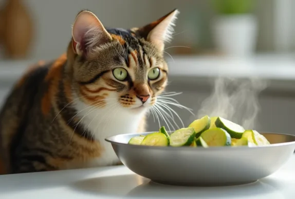 Chat curieux regardant des morceaux de courgette cuite dans une gamelle