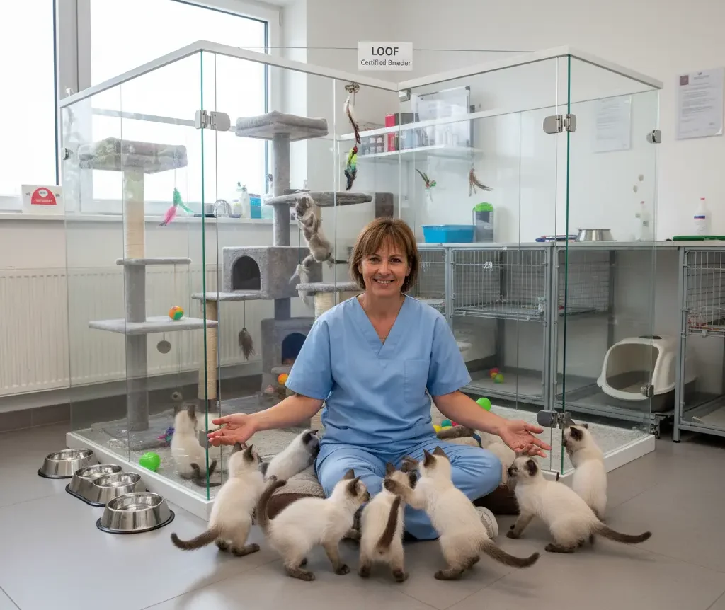 un élevage de chaton siamois dans un LOOF avec son éleveuse entourés par les chats