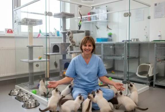 un élevage de chaton siamois dans un LOOF avec son éleveuse entourés par les chats