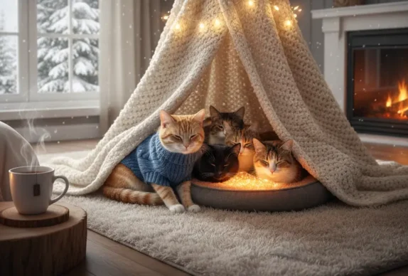 Chat tigre au pelage fourni regardant par la fenetre un paysage hivernal enneige depuis son foyer douillet
