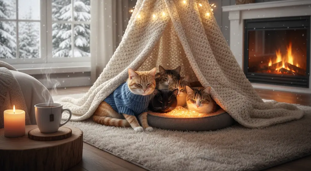 Chat tigre au pelage fourni regardant par la fenetre un paysage hivernal enneige depuis son foyer douillet