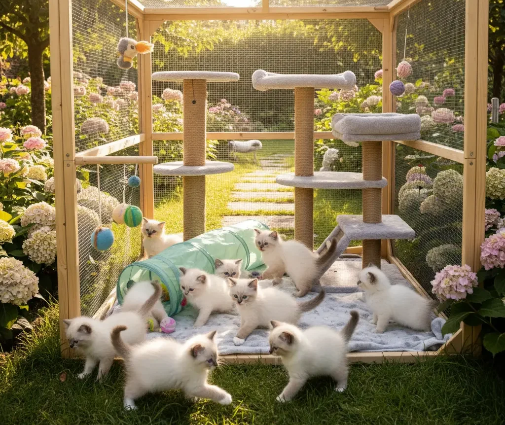 des chatons sacré de birmanie qui jouent dans un enclos dans un jardin