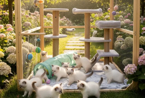 des chatons sacré de birmanie qui jouent dans un enclos dans un jardin