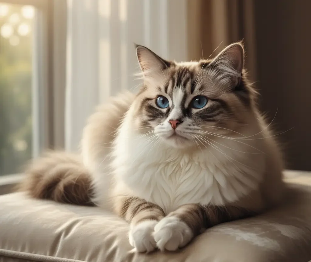 chat ragdoll ayx yeux bleus allongé sur un canapé