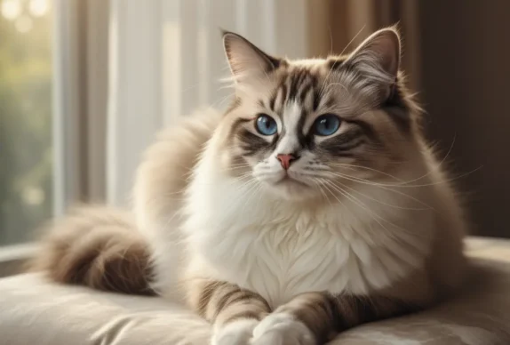 chat ragdoll ayx yeux bleus allongé sur un canapé